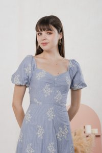 Emeth Floral Embroidery Striped Midi Dress In Blue