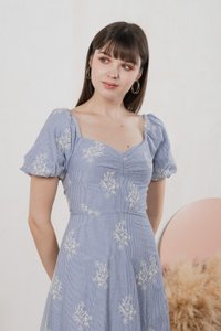 Emeth Floral Embroidery Striped Midi Dress In Blue