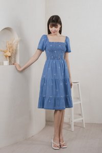 Radiant Smocked Ribbon Denim Midi Dress In Light Wash (XS)