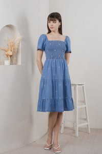 Radiant Smocked Ribbon Denim Midi Dress In Light Wash (XS)