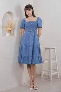 Radiant Smocked Ribbon Denim Midi Dress In Light Wash (XS)