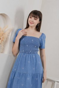 Radiant Smocked Ribbon Denim Midi Dress In Light Wash (XS)