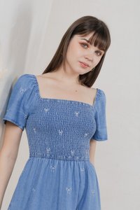 Radiant Smocked Ribbon Denim Midi Dress In Light Wash (XS)