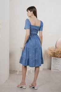 Radiant Smocked Ribbon Denim Midi Dress In Light Wash (XS)