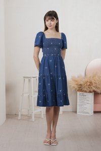Radiant Smocked Ribbon Denim Midi Dress In Dark Wash (XS)