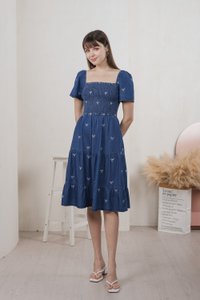 Radiant Smocked Ribbon Denim Midi Dress In Dark Wash (XS)