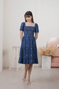 Radiant Smocked Ribbon Denim Midi Dress In Dark Wash (XS)