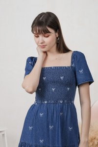 Radiant Smocked Ribbon Denim Midi Dress In Dark Wash (XS)