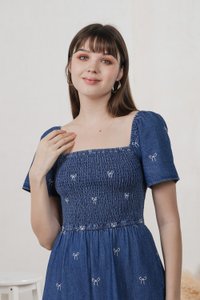 Radiant Smocked Ribbon Denim Midi Dress In Dark Wash (XS)