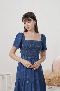 Radiant Smocked Ribbon Denim Midi Dress In Dark Wash (XS)