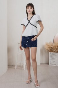 Vega Slant Button Denim Skort in Dark Wash