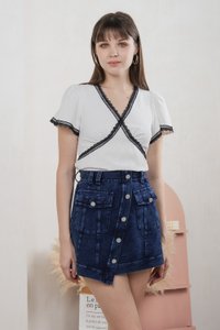 Vega Slant Button Denim Skort in Dark Wash