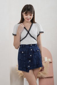 Vega Slant Button Denim Skort in Dark Wash