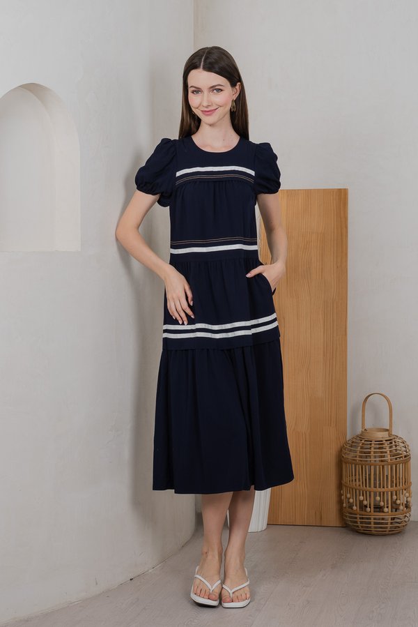 Maurice Contrast Tiered Midi Dress In Navy
