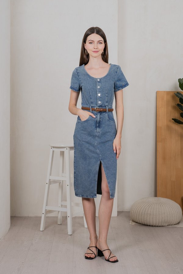 Brighton Denim Button Midi Dress in Mid Wash (XS)