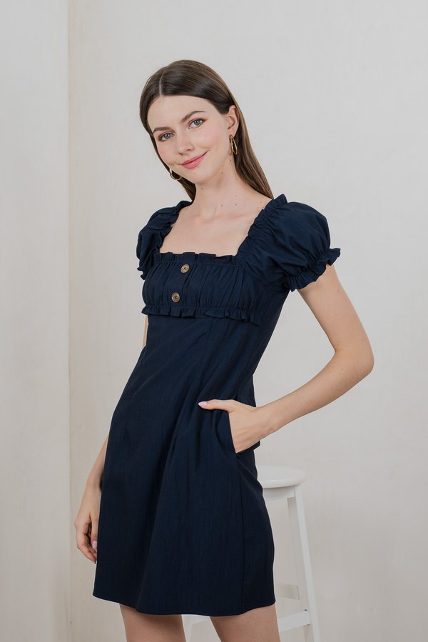 Rainelle Ruched Button Dress In Navy