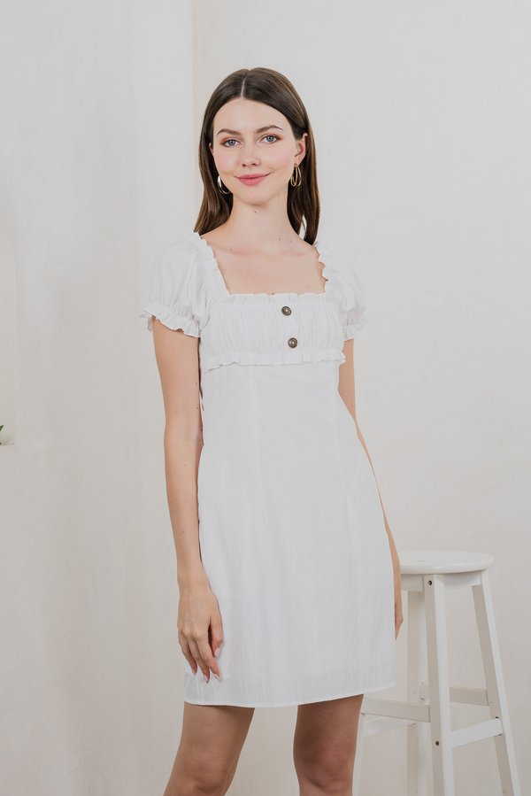 Rainelle Ruched Button Dress In White