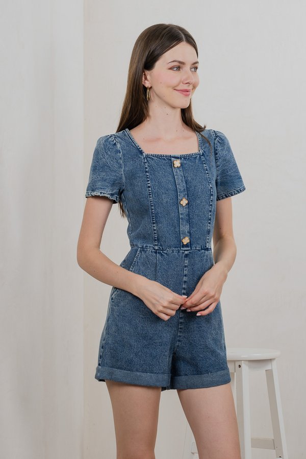 Clee Clover Button Denim Romper (XS)