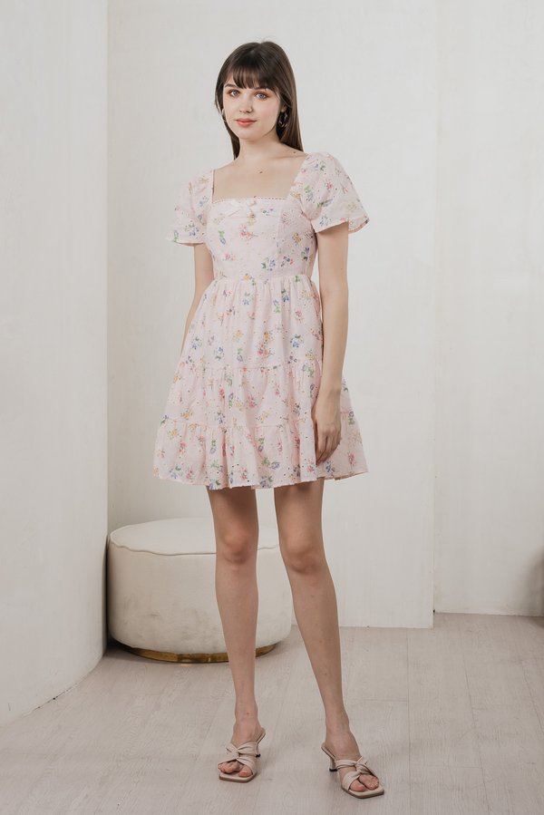 Julie Floral Eyelet Ribbon Dress In Pink (XS)
