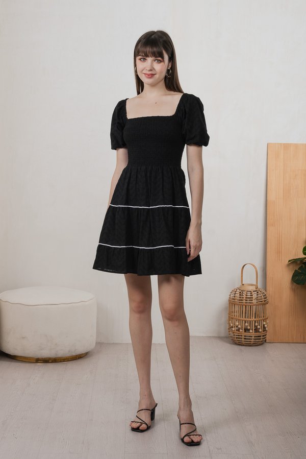 Jozette Smocked Eyelet Tiered Dress In Black (XS)