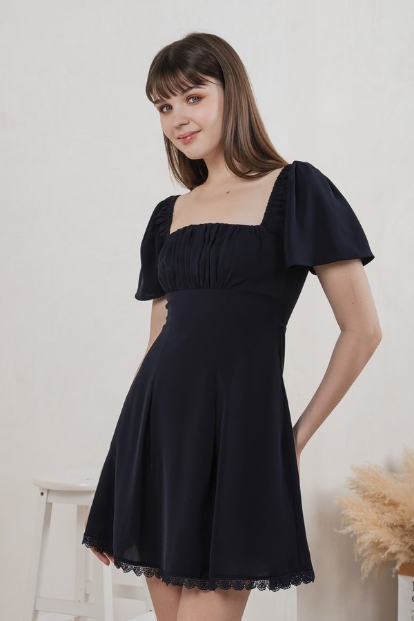 Harmonia Lace Hem Ruched Dress In Navy (XS)