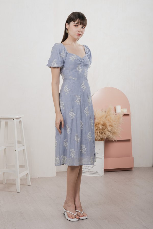 Emeth Floral Embroidery Striped Midi Dress In Blue