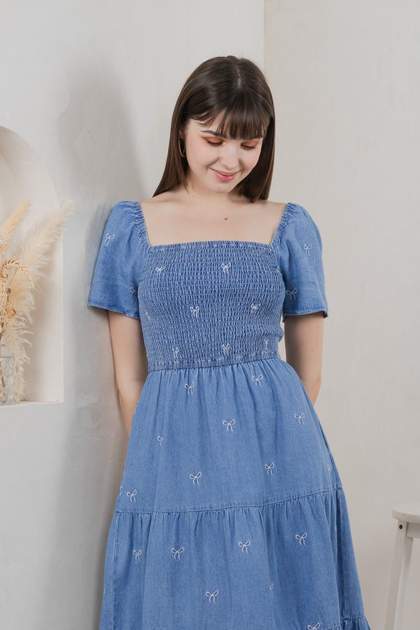 Radiant Smocked Ribbon Denim Midi Dress In Light Wash (XS)