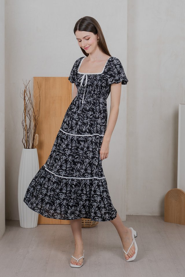 Marisol Floral Smock Tiered Midi Dress In Black