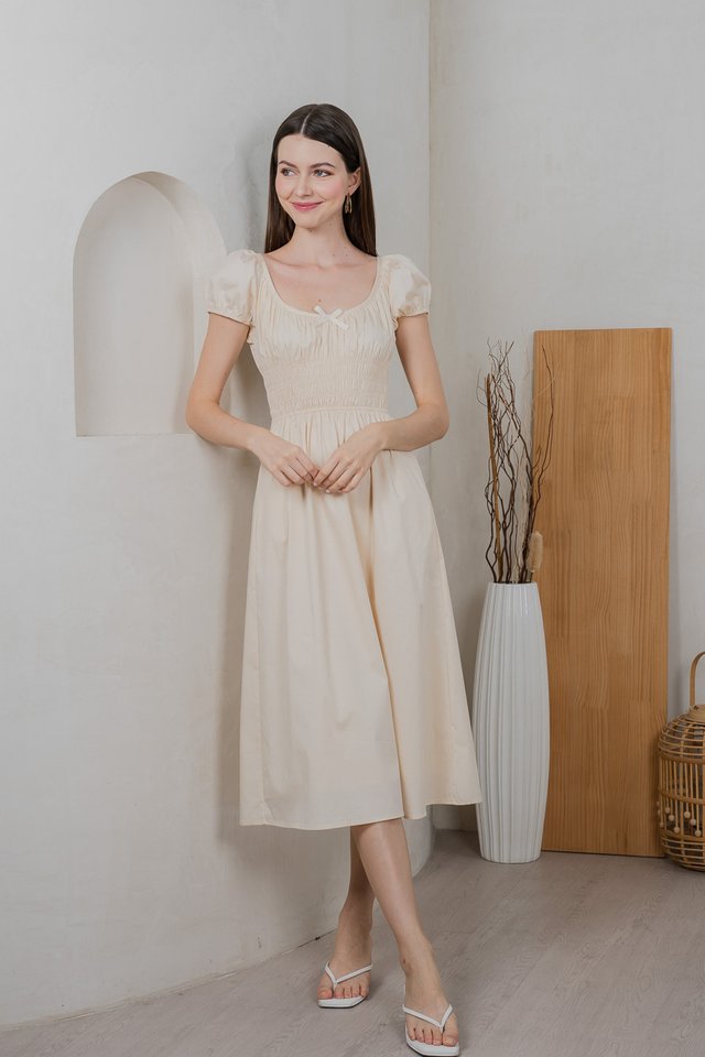 Sunny Smocked Bow Midi Dress In Cream