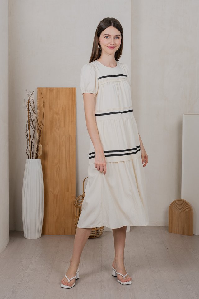 Maurice Contrast Tiered Midi Dress In Cream