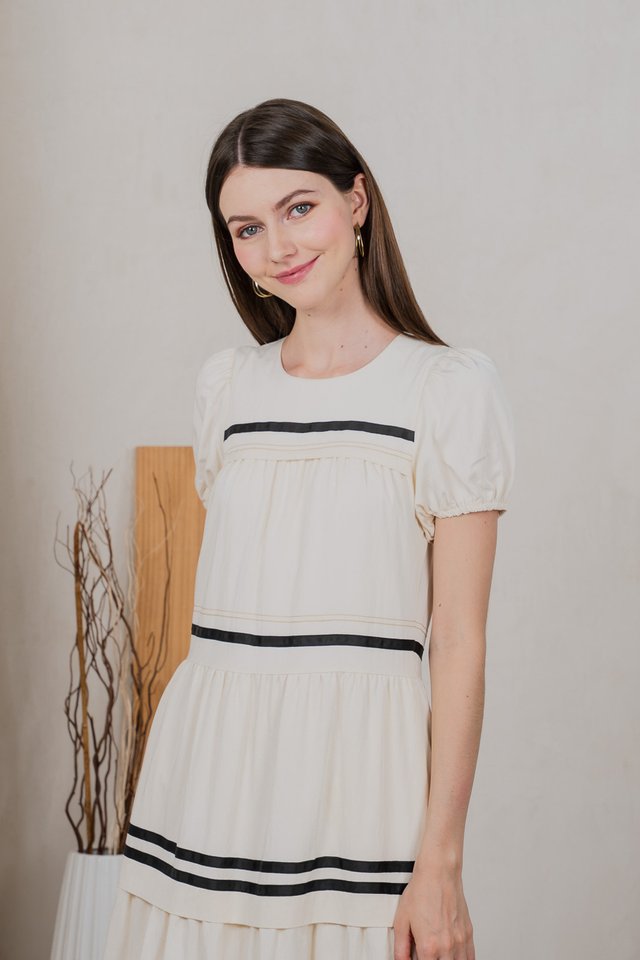 Maurice Contrast Tiered Midi Dress In Cream