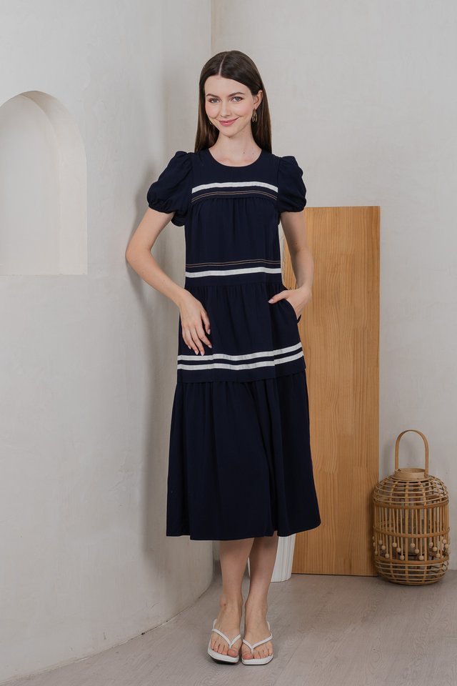 Maurice Contrast Tiered Midi Dress In Navy