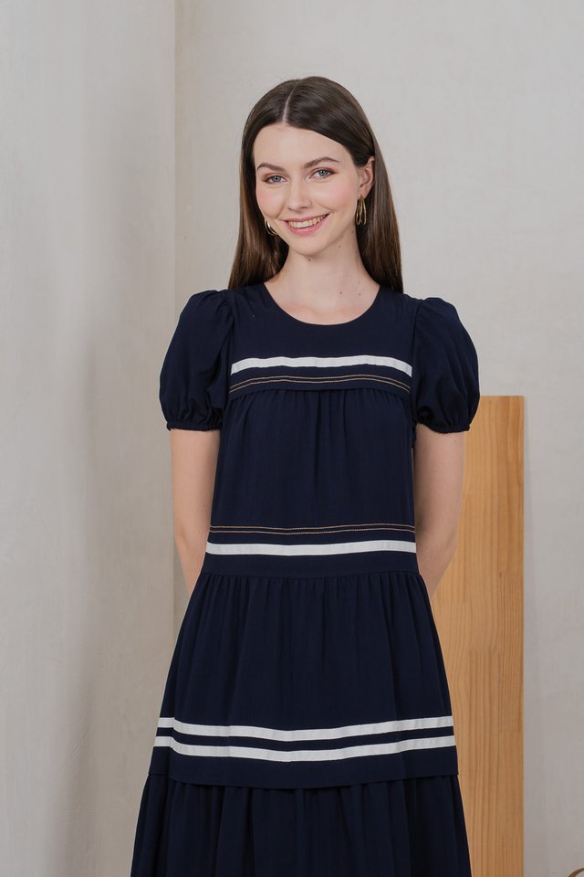 Maurice Contrast Tiered Midi Dress In Navy