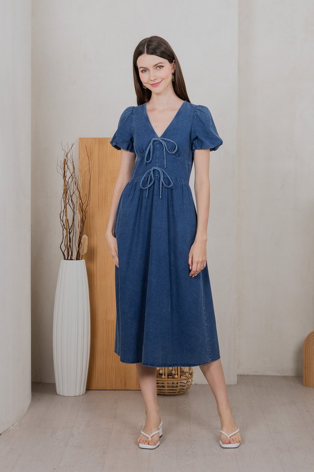 Embrace Denim Ribbon Midi Dress in Mid Wash