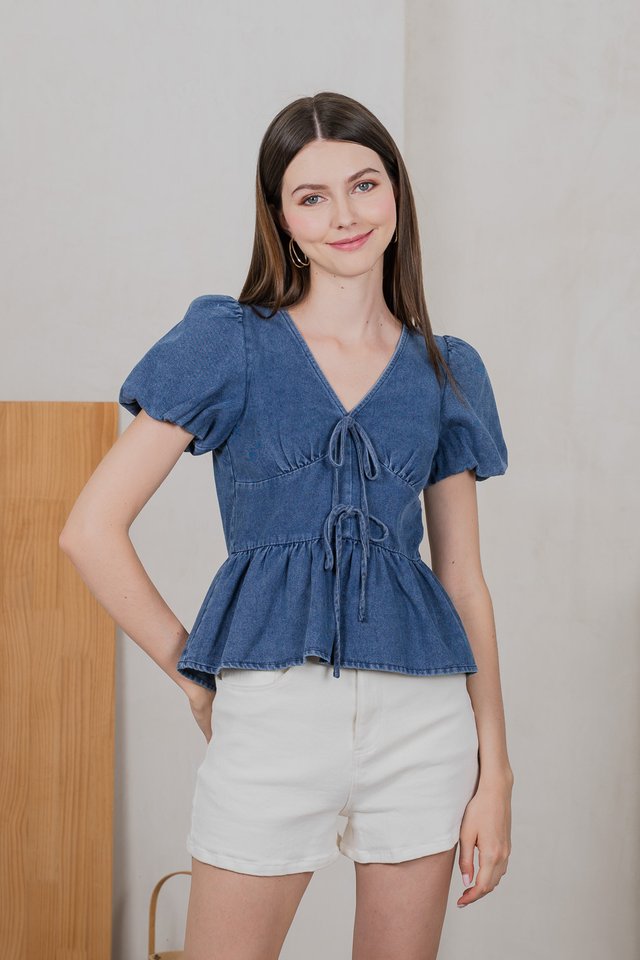 Embrace Denim Empire Ribbon Top in Mid Wash