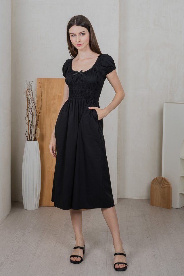 Sunny Smocked Bow Midi Dress In Black