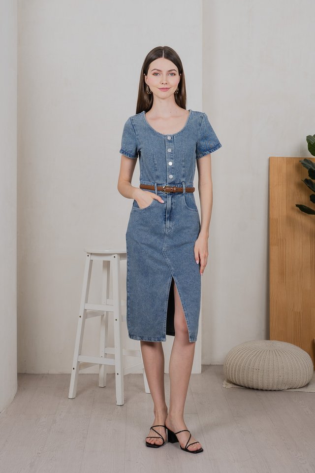 Brighton Denim Button Midi Dress in Mid Wash