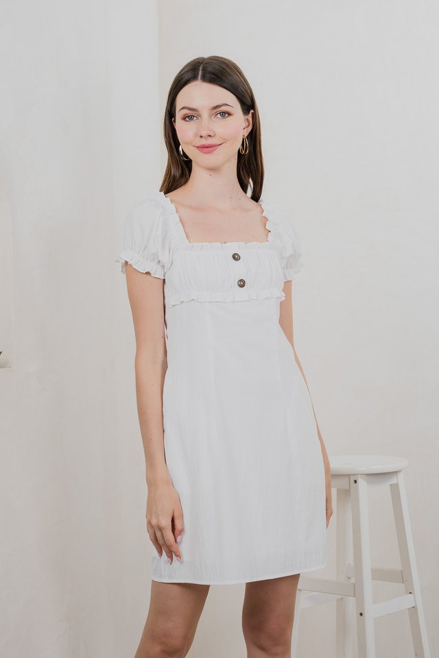 Rainelle Ruched Button Dress In White
