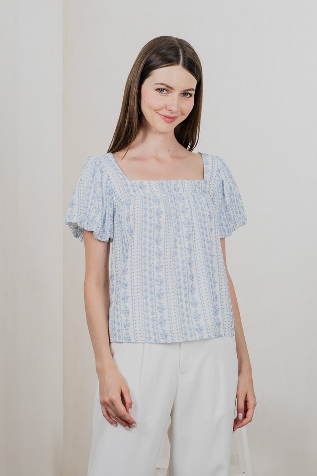 Rome Floral Prints Textured Top In Light Blue