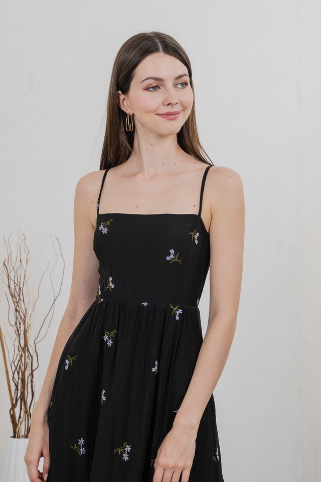 Cyra Floral Textured Camisole Midi Dress In Black