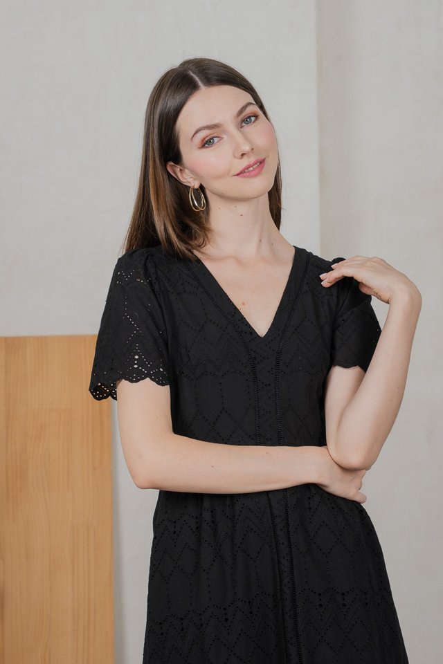 Lindsay Eyelet V Neck Midi Dress In Black