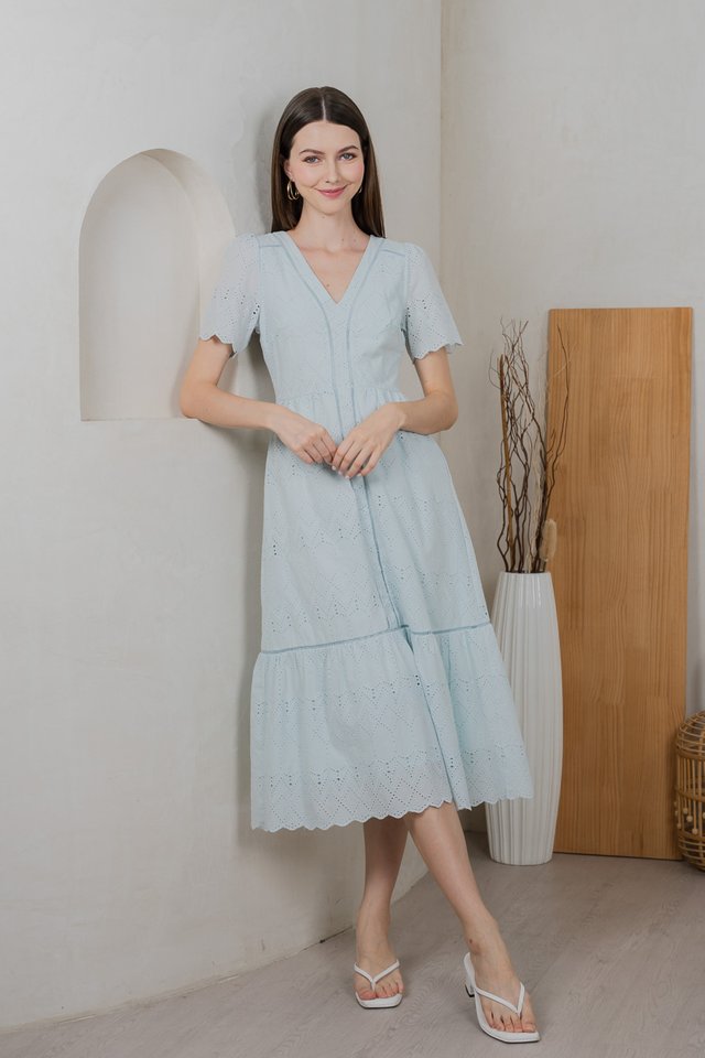 Lindsay Eyelet V Neck Midi Dress In Tiffany Blue