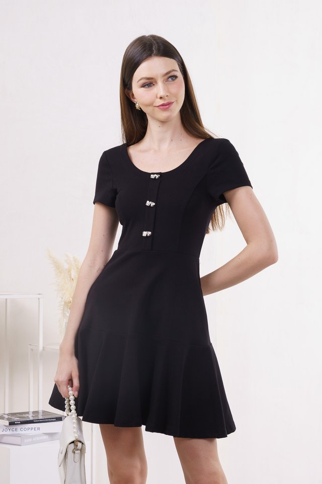 Caspia Ribbon Button Cotton Dress In Black