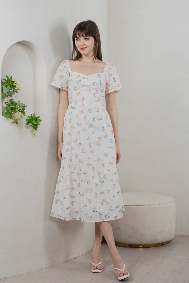 Julie Floral Eyelet Sweetheart Midi Dress In White