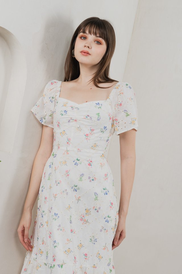 Julie Floral Eyelet Sweetheart Midi Dress In White