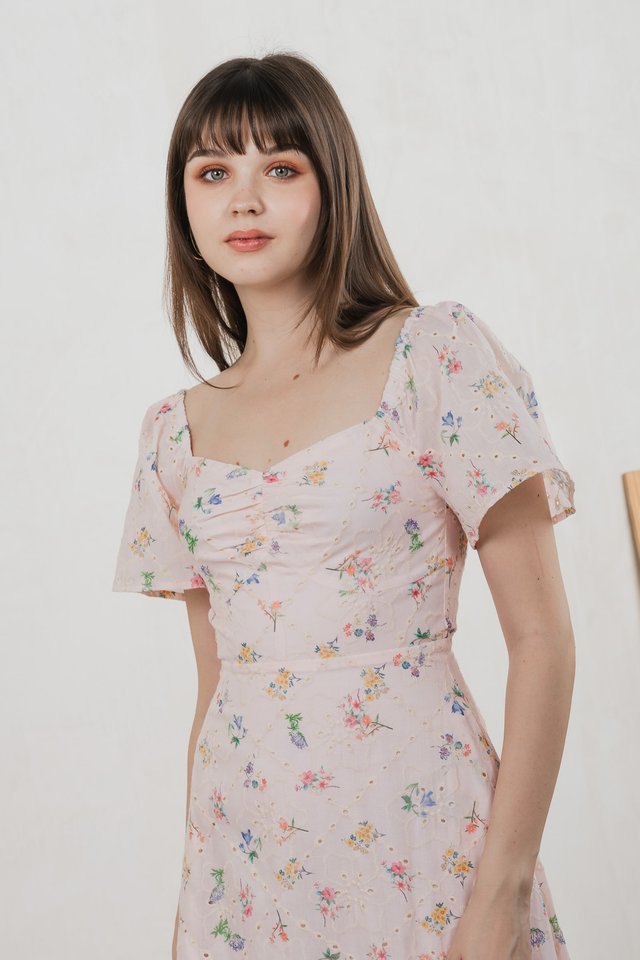 Julie Floral Eyelet Sweetheart Midi Dress In Pink