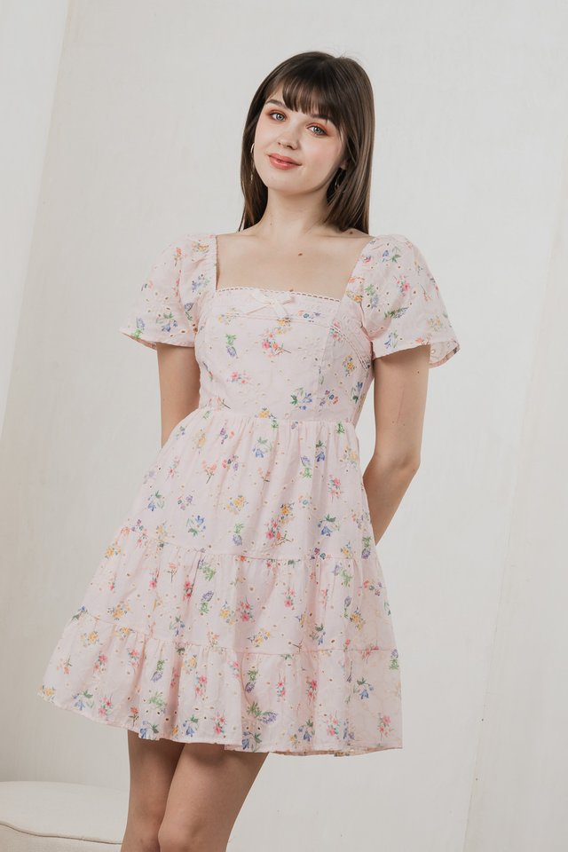 Julie Floral Eyelet Ribbon Dress In Pink