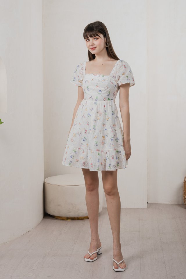 Julie Floral Eyelet Ribbon Dress In White