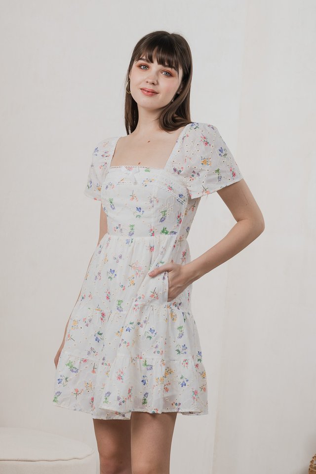 Julie Floral Eyelet Ribbon Dress In White