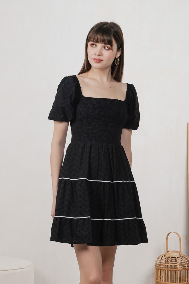 Jozette Smocked Eyelet Tiered Dress In Black